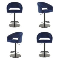 Set of 4 Curved Blue Velvet Adjustable Swivel Bar Stools with Backs - Runa