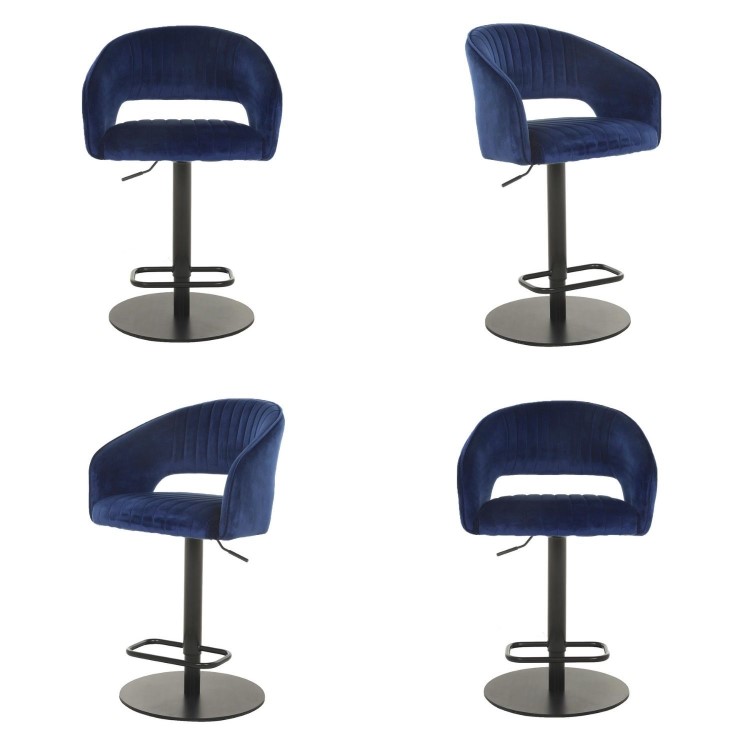Set of 4 Curved Blue Velvet Adjustable Swivel Bar Stools with Backs - Runa