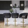 Set of 3 Curved Black Faux Leather Adjustable Swivel Bar Stool with Brass Base - Runa