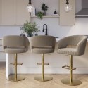 BUN/RUN006/89267 Set of 3 Curved Mink Matt Velvet Adjustable Swivel Bar Stools with Gold Base - Runa