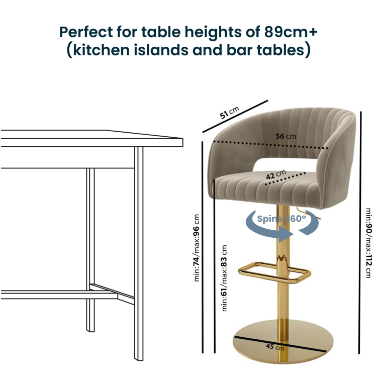 Set of 4 Curved Mink Matt Velvet Adjustable Swivel Bar Stools with Gold Base - Runa