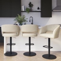 Set Of 3 Curved Beige Upholstered Adjustable Swivel Bar Stools with Black Base - Runa