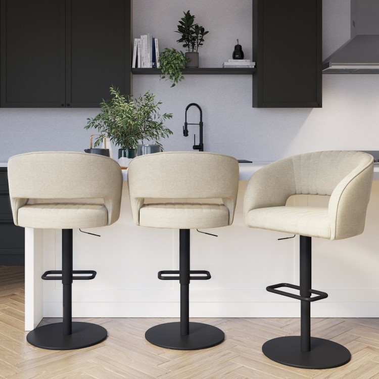 Set Of 3 Curved Beige Upholstered Adjustable Swivel Bar Stools with Black Base - Runa