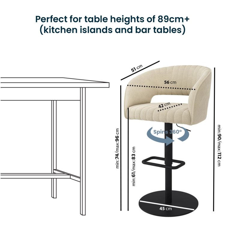 Set Of 3 Curved Beige Upholstered Adjustable Swivel Bar Stools with Black Base - Runa