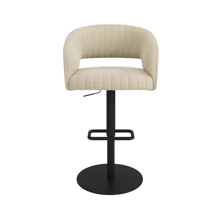 Set Of 3 Curved Beige Upholstered Adjustable Swivel Bar Stools with Black Base - Runa