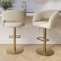 Set Of 2 Curved Beige Upholstered Adjustable Swivel Bar Stools with Gold Base - Runa