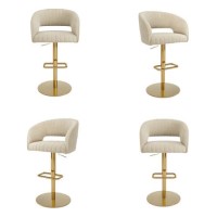 Set Of 4 Curved Beige Upholstered Adjustable Swivel Bar Stools with Gold Base - Runa Set Of 4 Curved Beige Upholstered Adjustable Swivel Bar Stools with Gold Base - Runa