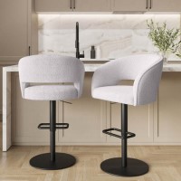 Set of 2 Beige Boucle Adjustable Swivel Curved Barstool with Black Metal Base - Runa Set of 2 Beige Boucle Adjustable Swivel Curved Barstool with Black Metal Base - Runa