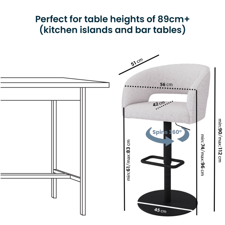 Set of 2 Beige Boucle Adjustable Swivel Curved Barstool with Black Metal Base - Runa