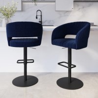 Set of 2 Curved Navy Blue Upholstered Adjustable Swivel Bar Stools with Black Base - Runa Set of 2 Curved Navy Blue Upholstered Adjustable Swivel Bar Stools with Black Base - Runa