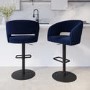 Set of 2 Curved Navy Blue Upholstered Adjustable Swivel Bar Stools with Black Base - Runa