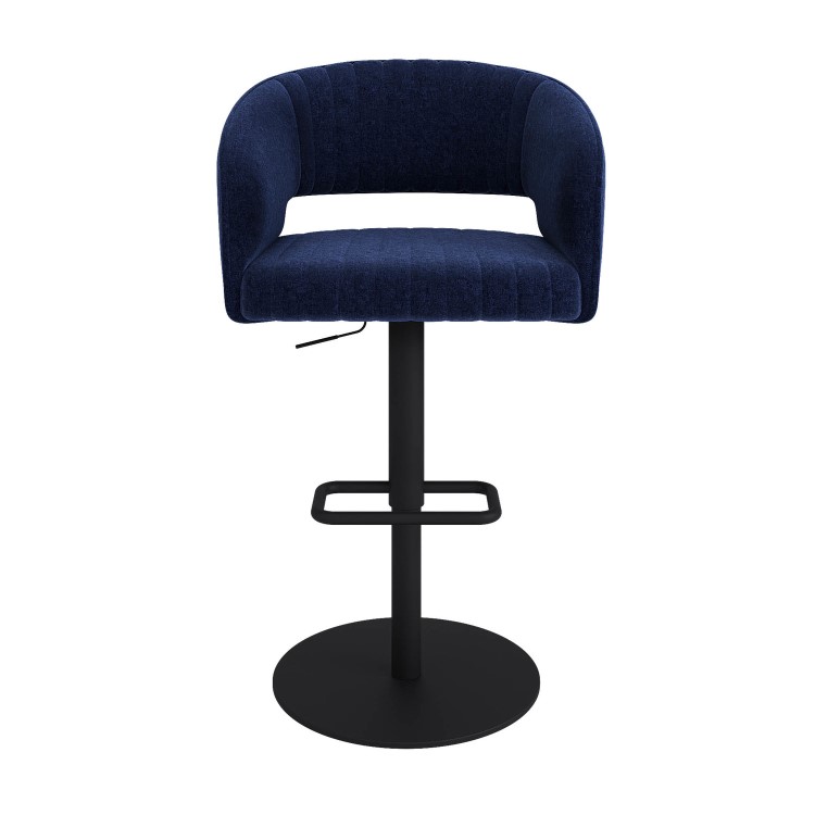 Set of 2 Curved Navy Blue Upholstered Adjustable Swivel Bar Stools with Black Base - Runa