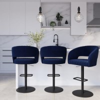 Set of 3 Curved Navy Blue Upholstered Adjustable Swivel Bar Stools with Black Base - Runa Set of 3 Curved Navy Blue Upholstered Adjustable Swivel Bar Stools with Black Base - Runa