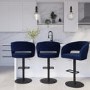 Set of 3 Curved Navy Blue Upholstered Adjustable Swivel Bar Stools with Black Base - Runa
