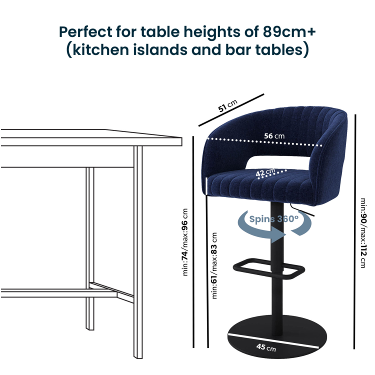 Set of 3 Curved Navy Blue Upholstered Adjustable Swivel Bar Stools with Black Base - Runa
