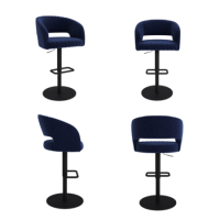 Set of 4 Curved Navy Blue Upholstered Adjustable Swivel Bar Stools with Black Base - Runa Set of 4 Curved Navy Blue Upholstered Adjustable Swivel Bar Stools with Black Base - Runa