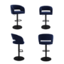 Set of 4 Curved Navy Blue Upholstered Adjustable Swivel Bar Stools with Black Base - Runa
