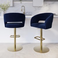 Set of 2 Curved Navy Upholstered Adjustable Swivel Bar Stools with Gold Base - Runa