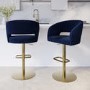Set of 2 Curved Navy Upholstered Adjustable Swivel Bar Stools with Gold Base - Runa