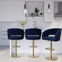 Set of 3 Curved Navy Upholstered Adjustable Swivel Bar Stools with Gold Base - Runa Set of 3 Curved Navy Upholstered Adjustable Swivel Bar Stools with Gold Base - Runa