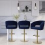 Set of 3 Curved Navy Upholstered Adjustable Swivel Bar Stools with Gold Base - Runa