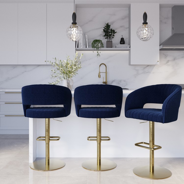 Set of 3 Curved Navy Upholstered Adjustable Swivel Bar Stools with Gold Base - Runa