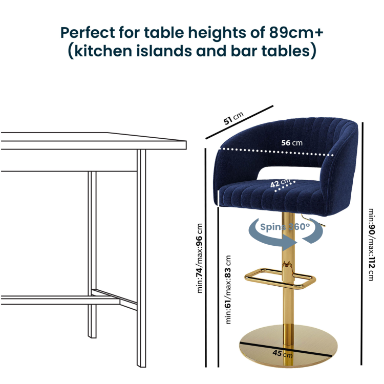 Set of 3 Curved Navy Upholstered Adjustable Swivel Bar Stools with Gold Base - Runa