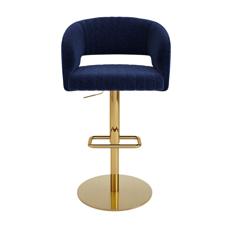 Set of 3 Curved Navy Upholstered Adjustable Swivel Bar Stools with Gold Base - Runa