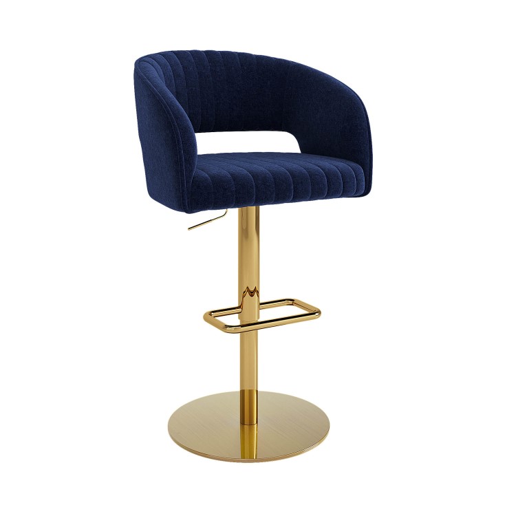 Set of 3 Curved Navy Upholstered Adjustable Swivel Bar Stools with Gold Base - Runa