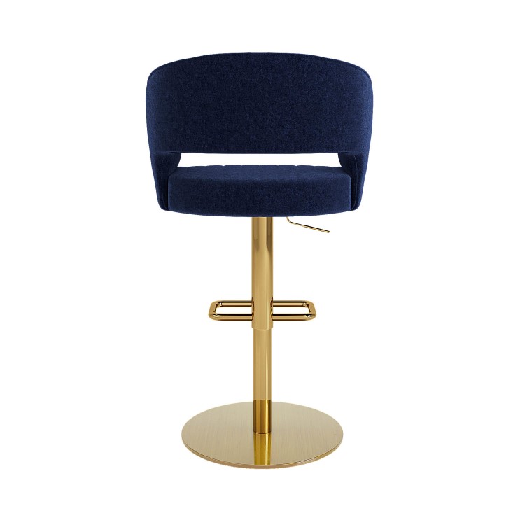 Set of 3 Curved Navy Upholstered Adjustable Swivel Bar Stools with Gold Base - Runa