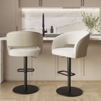 Set of 2 Curved Beige Boucle and Faux Leather Adjustable Swivel Barstools with Black Metal Base - Runa