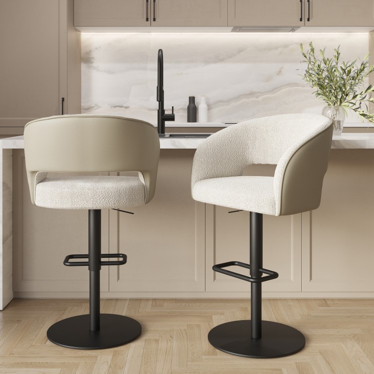 Set of 2 Curved Beige Boucle and Faux Leather Adjustable Swivel Barstools with Black Metal Base - Runa
