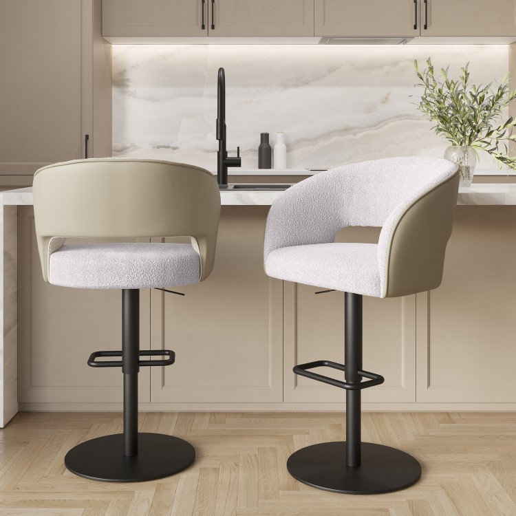 Set of 2 Curved Beige Boucle and Faux Leather Adjustable Swivel Bar Stools with Black Metal Base - Runa