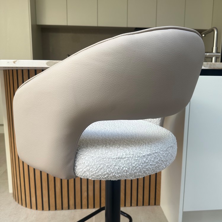 Set of 3 Curved Beige Boucle and Faux Leather Adjustable Swivel Bar Stools with Black Metal Base - Runa