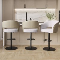 Set of 3 Curved Beige Boucle and Faux Leather Adjustable Swivel Bar Stools with Black Metal Base - Runa Set of 3 Curved Beige Boucle and Faux Leather Adjustable Swivel Bar Stools with Black Metal Base - Runa