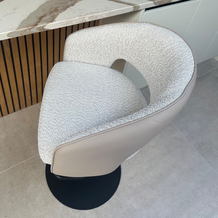 Set of 3 Curved Beige Boucle and Faux Leather Adjustable Swivel Bar Stools with Black Metal Base - Runa