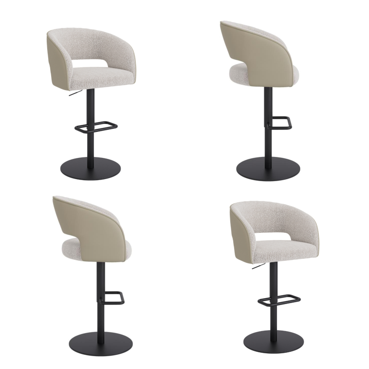 Set of 4 Curved Beige Boucle and Faux Leather Adjustable Swivel Bar Stools with Black Metal Base - Runa