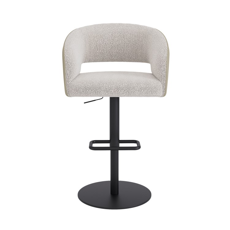 Set of 2 Curved Beige Boucle and Faux Leather Adjustable Swivel Bar Stools with Black Metal Base - Runa