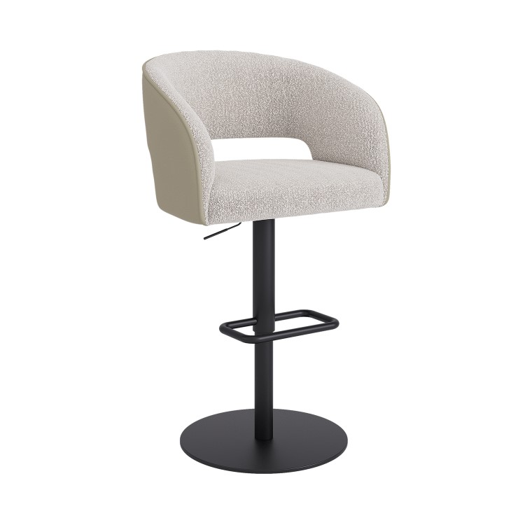 Set of 2 Curved Beige Boucle and Faux Leather Adjustable Swivel Bar Stools with Black Metal Base - Runa