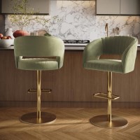 Set of 2 Curved Sage Green Velvet Adjustable Swivel Bar Stools with Gold Metal Base - Runa Set of 2 Curved Sage Green Velvet Adjustable Swivel Bar Stools with Gold Metal Base - Runa