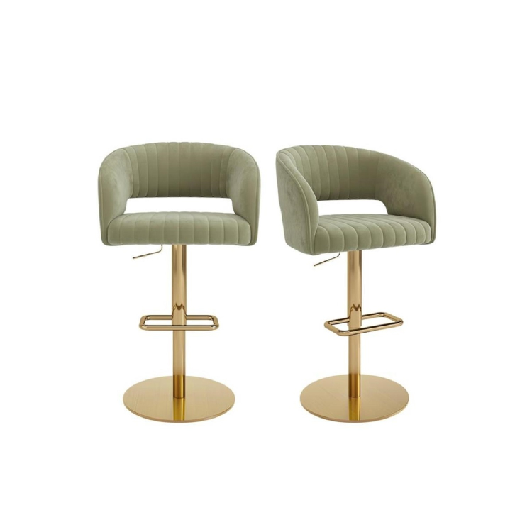 Set of 2 Curved Sage Green Velvet Adjustable Swivel Bar Stools with Gold Metal Base - Runa