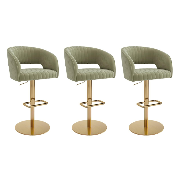 Set of 3 Curved Sage Green Velvet Adjustable Swivel Bar Stools with Gold Metal Base - Runa
