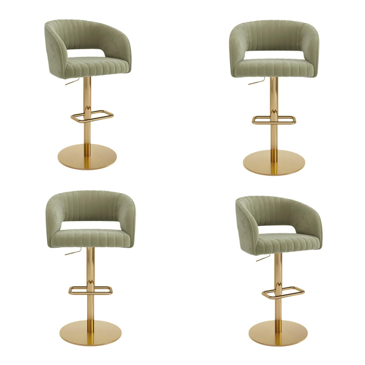Set of 4 Curved Sage Green Velvet Adjustable Swivel Bar Stools with Gold Metal Base - Runa