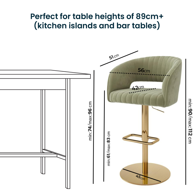 Set of 4 Curved Sage Green Velvet Adjustable Swivel Bar Stools with Gold Metal Base - Runa