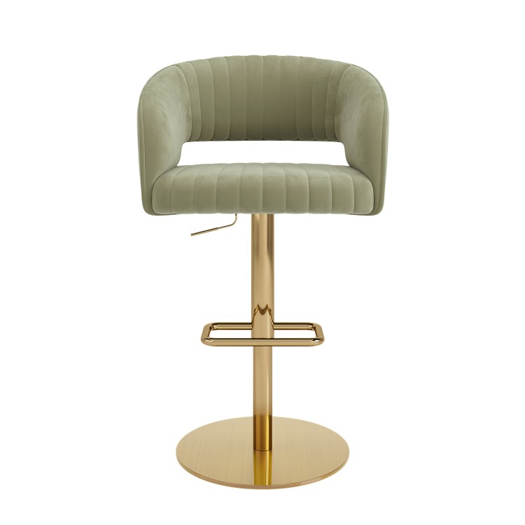 Set of 4 Curved Sage Green Velvet Adjustable Swivel Bar Stools with Gold Metal Base - Runa