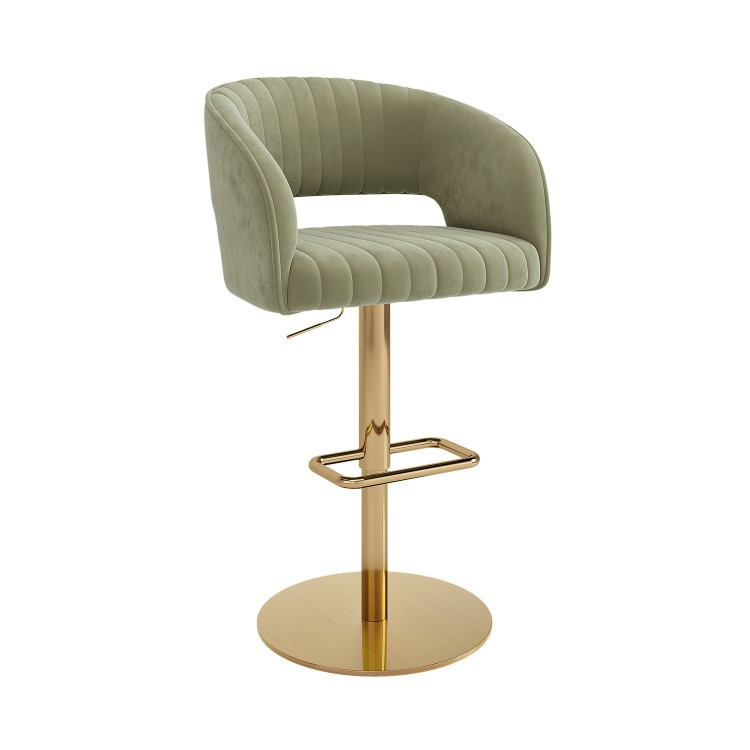 Set of 4 Curved Sage Green Velvet Adjustable Swivel Bar Stools with Gold Metal Base - Runa