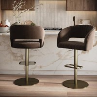 Set of 2 Curved Brown Velvet Adjustable Swivel Bar Stools with Brass Base - Runa