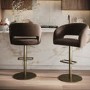 Set of 2 Curved Brown Velvet Adjustable Swivel Bar Stools with Brass Base - Runa