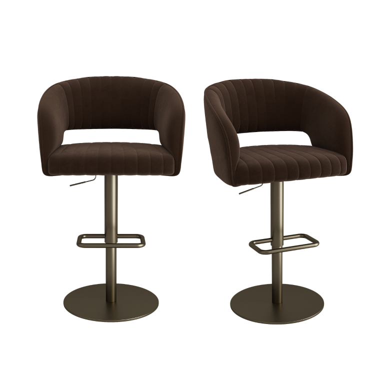 Set of 2 Curved Brown Velvet Adjustable Swivel Bar Stools with Brass Base - Runa