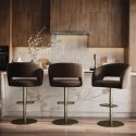 BUN/RUN015/98749 Set of 3 Curved Brown Velvet Adjustable Swivel Bar Stools with Brass Base - Runa